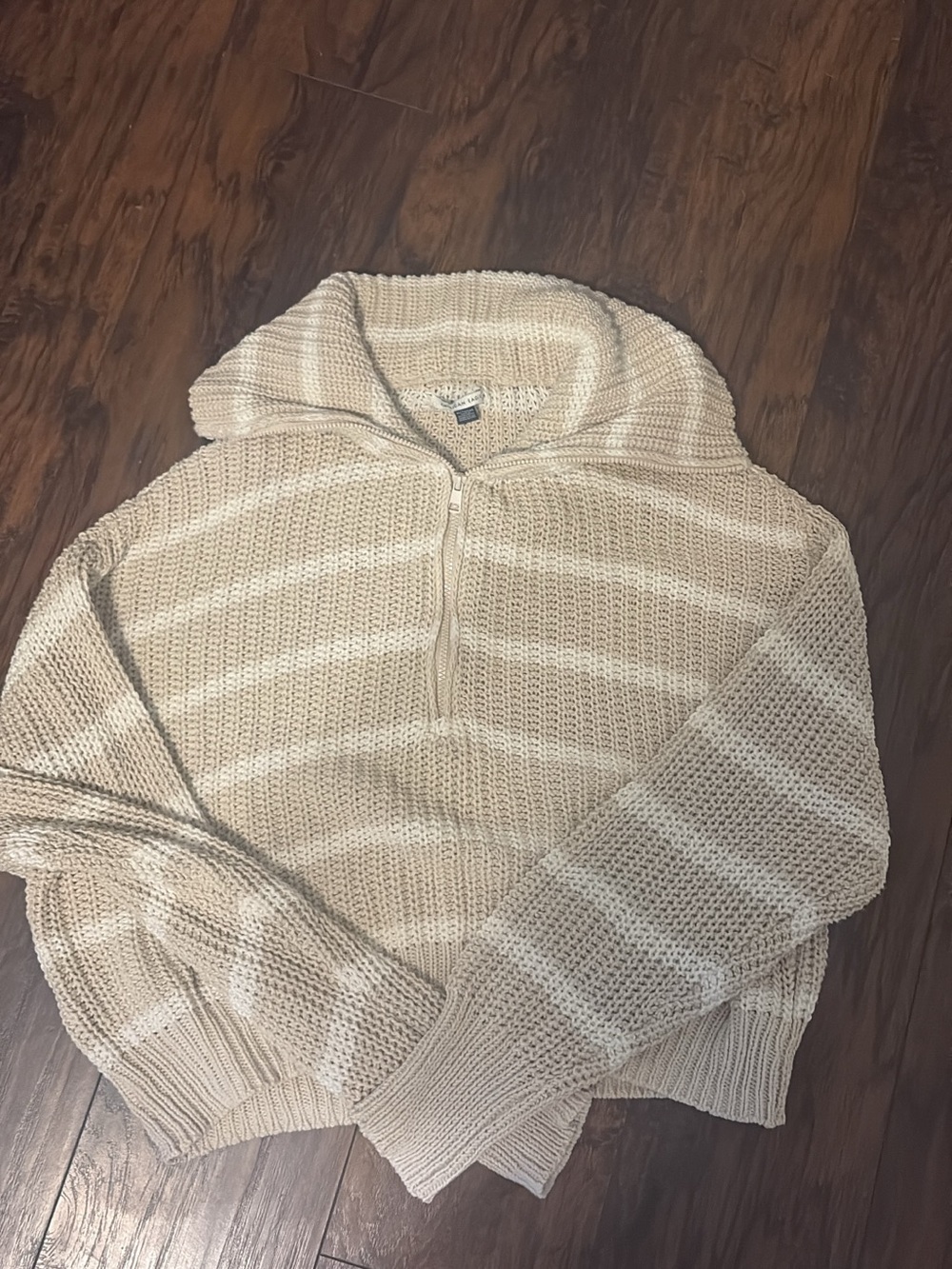 American Eagle Outfitters Cream Half-Zip Hooded Knit Sweater